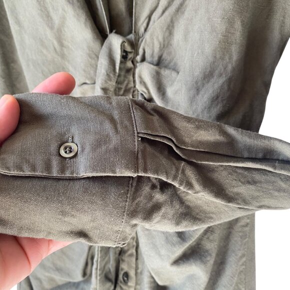 Lioness XS Olive Green Long-Sleeve Ruched Button-Up Mini Dress Linen - Picture 4 of 9